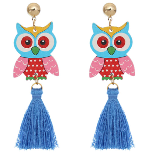 Blue Wooden Owl Tassel Earrings