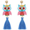 Blue Wooden Owl Tassel Earrings