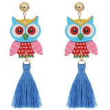 Blue Wooden Owl Tassel Earrings