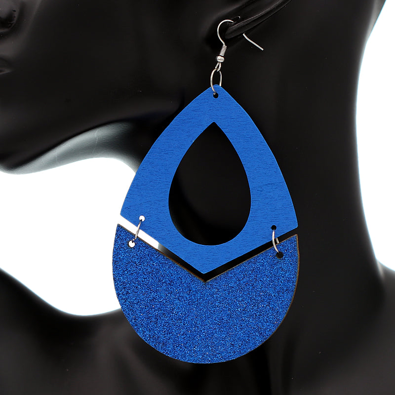 Blue Glitter Wooden Link Teadrop Earrings