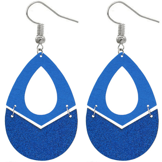 Blue Glitter Wooden Link Teadrop Earrings