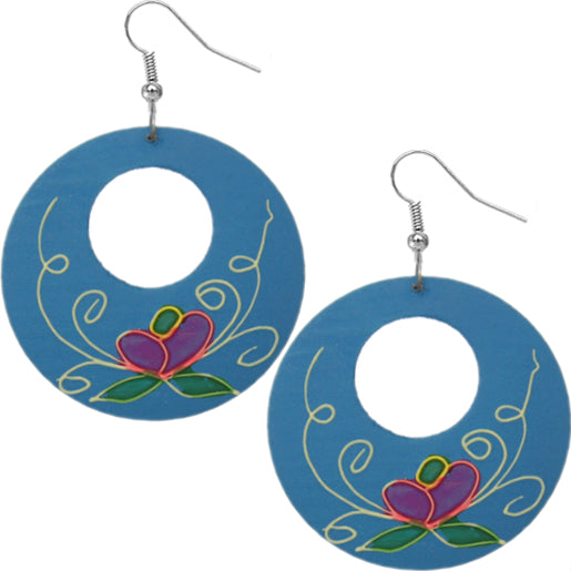 Blue Wooden Hand Painted Floral Earrings