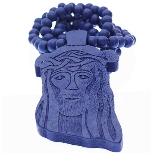 Blue Wooden Beaded Chunky Jesus Piece Necklace