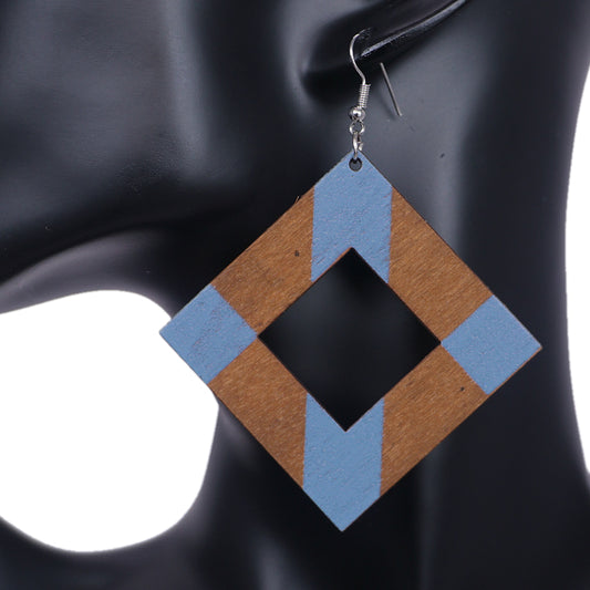 Blue Wooden Rhombus Shape Dangle Earrings