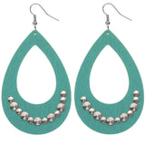 Teal Blue Wooden Large Teardrop Studded Earrings