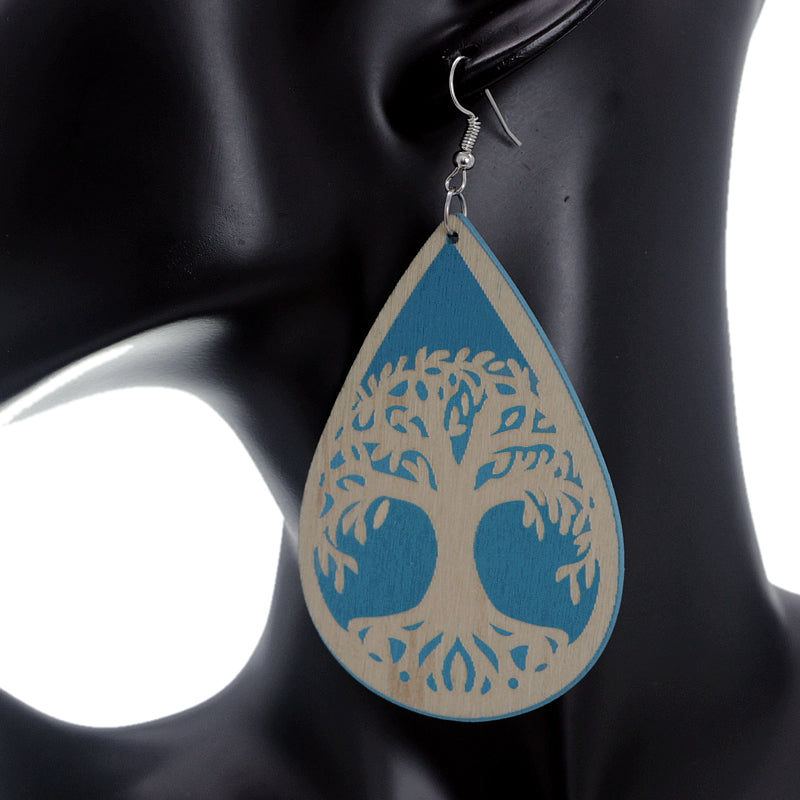Blue Tree Of Life Wooden Teardrop Earrings