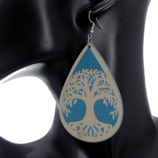 Blue Tree Of Life Wooden Teardrop Earrings