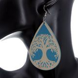Blue Tree Of Life Wooden Teardrop Earrings