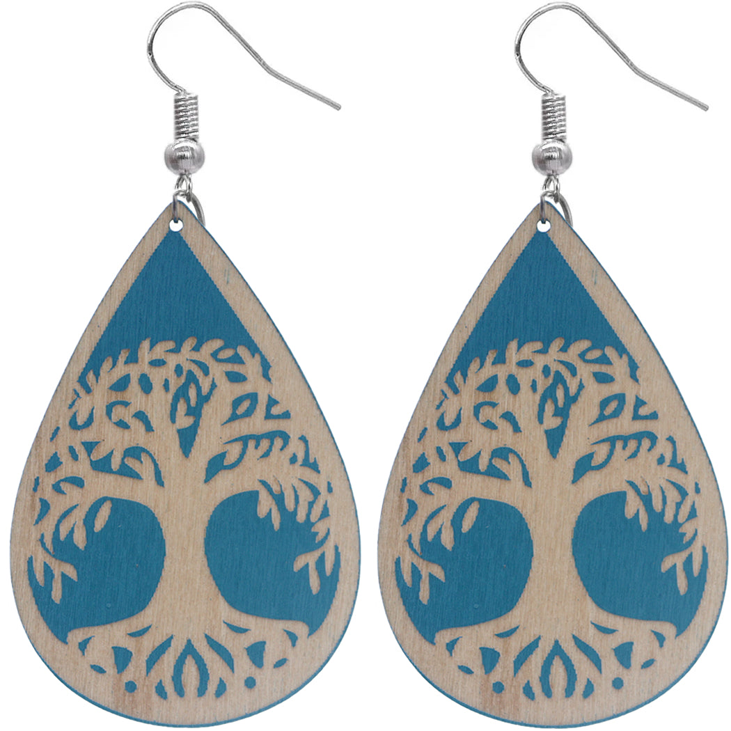 Blue Tree Of Life Wooden Teardrop Earrings