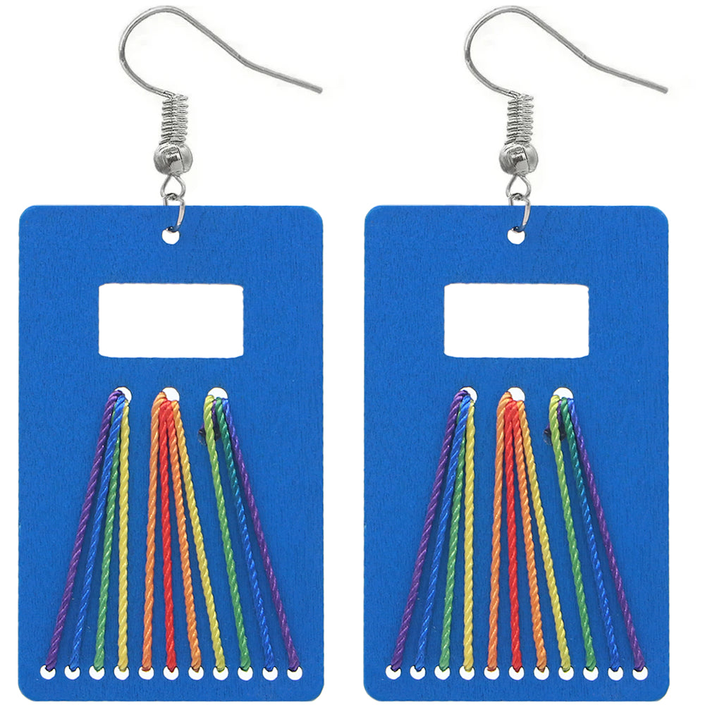 Blue Woven Wooden Rectangle Earrings