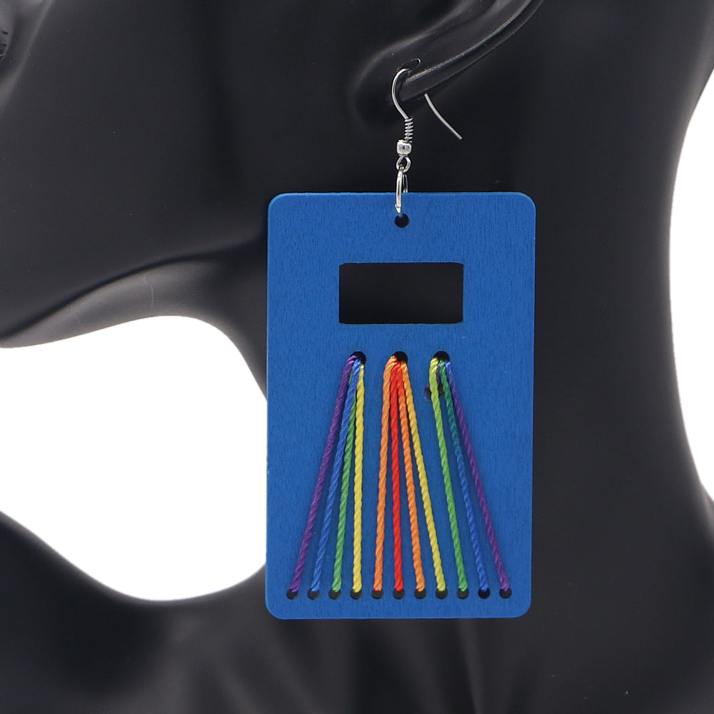 Blue Woven Wooden Rectangle Earrings