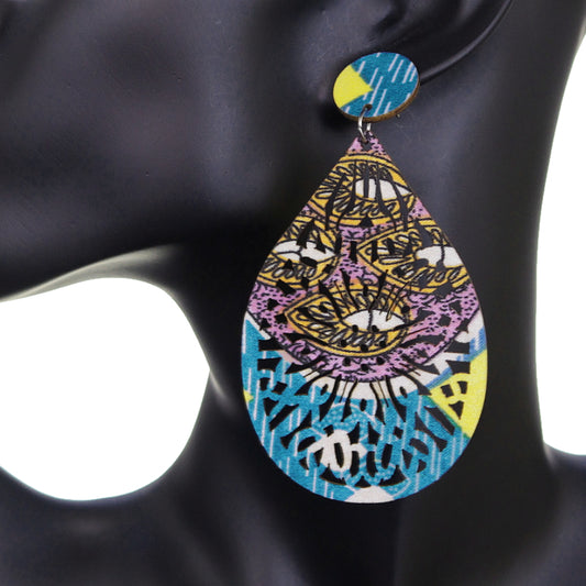 Blue Purple Multicolor Evil Eye Wooden Teardrop Earrings