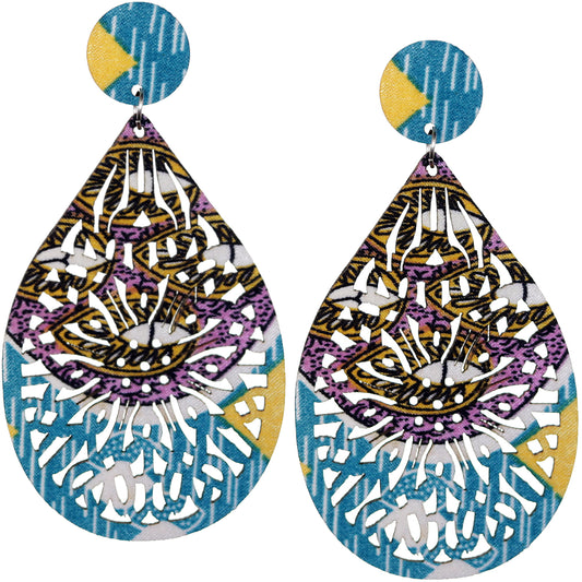 Blue Purple Multicolor Evil Eye Wooden Teardrop Earrings