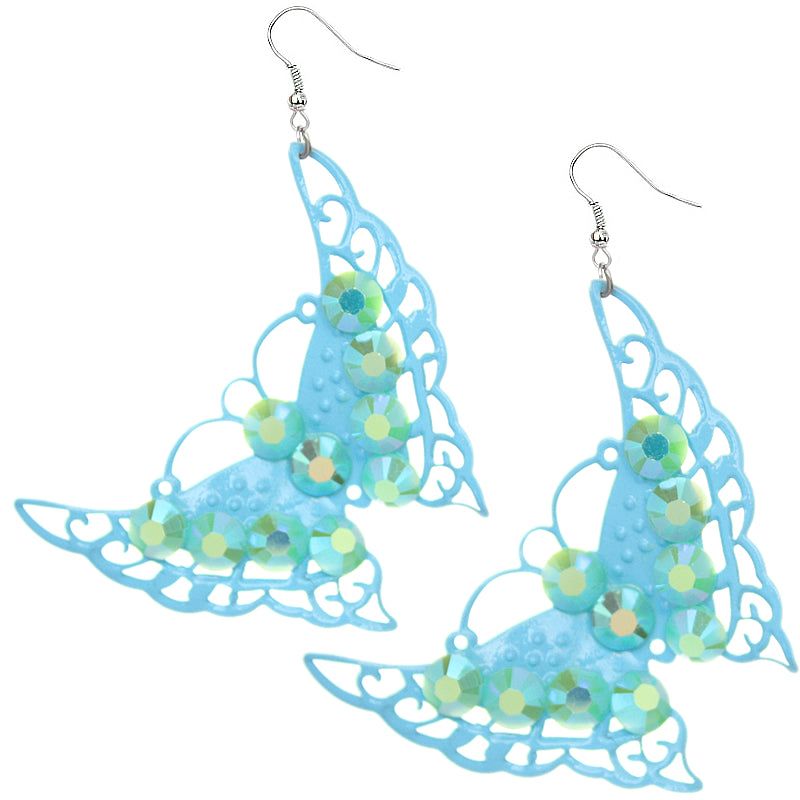 Blue Beaded Iridescent Butterfly Earrings