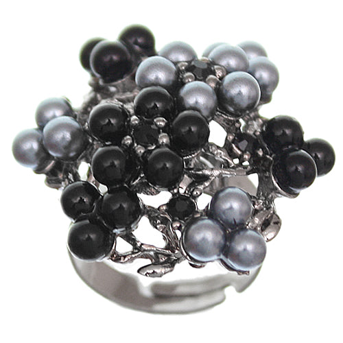 Black Faux Pearl Adjustable Cluster Cocktail Ring