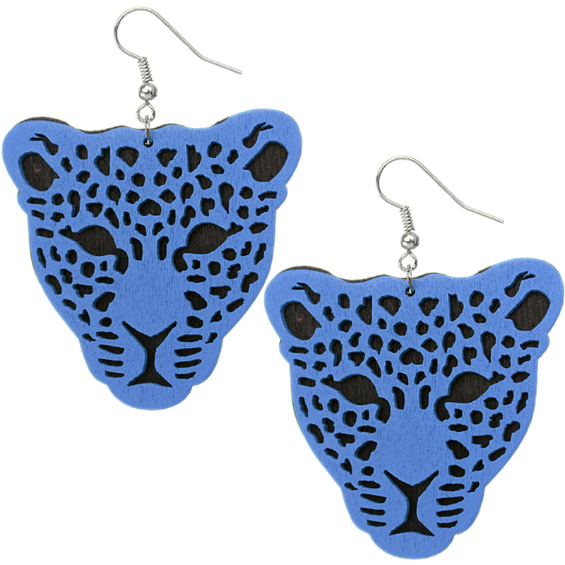 Blue Wooden Cheetah Face Dangle Earrings
