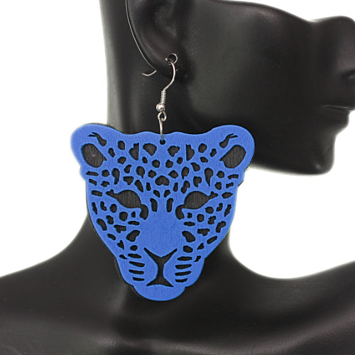 Blue Wooden Cheetah Face Dangle Earrings