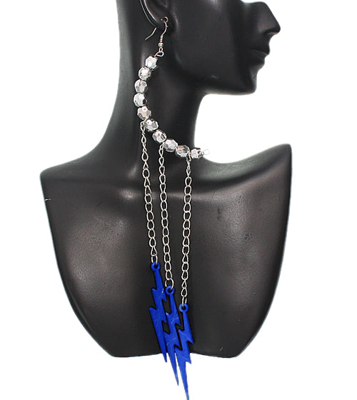 Blue Beaded Drop Chain Lightning Bolt Dangle Earrings