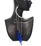 Blue Beaded Drop Chain Lightning Bolt Dangle Earrings
