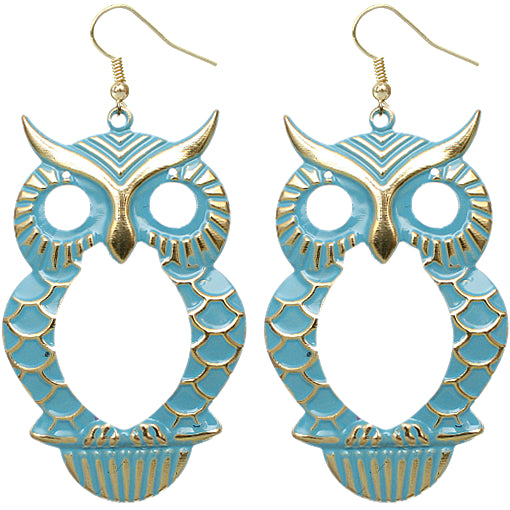 Blue Cutout Dangle Hoot Owl Earrings