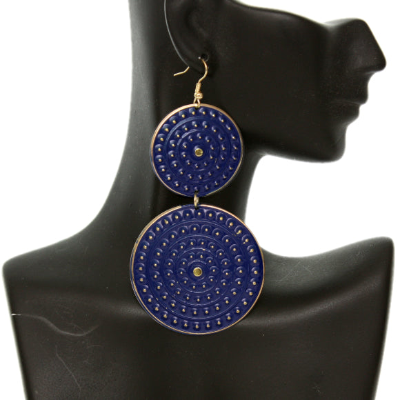 Blue Round Double Disk Dangle Earrings