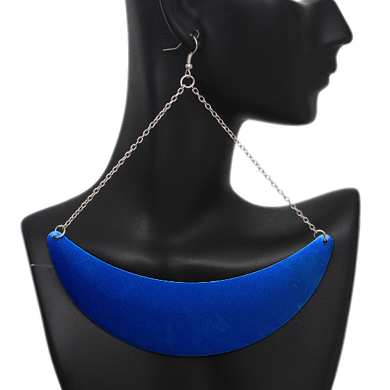 Blue Drop Chain Metal Crescent Earrings