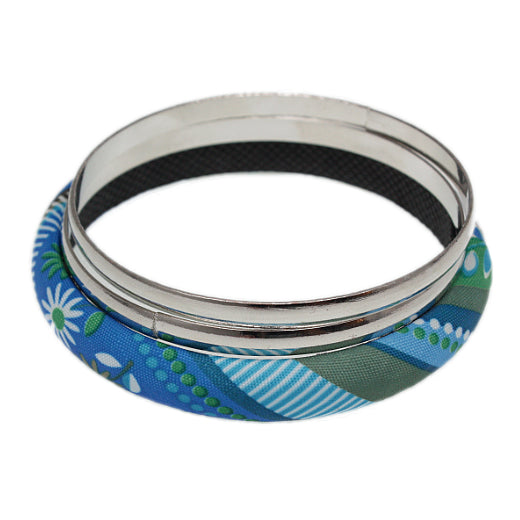 Blue Multicolor Fabric Wrapped Bangle Bracelet Set