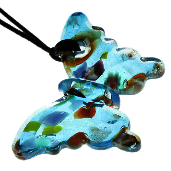 Blue Glass Butterfly Confetti Cord Necklace