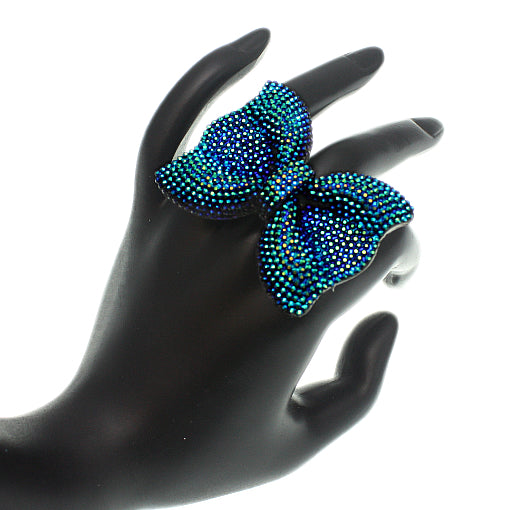 Blue Green Large Sparkle Bow Stretch Ring