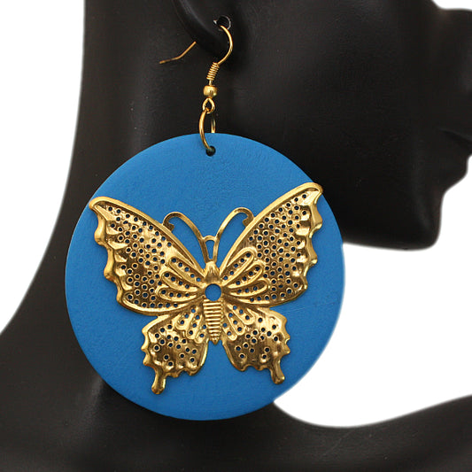 Blue Gold Wooden Butterfly Dangle Earrings