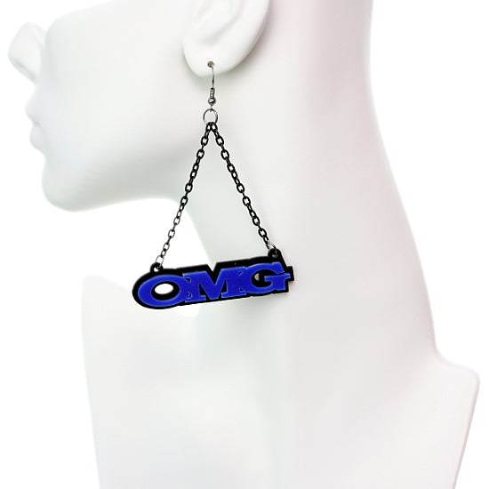 Blue OMG Triangle Drop Chain Earrings