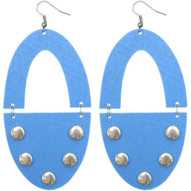 Blue Wooden Oval Studded Earrings