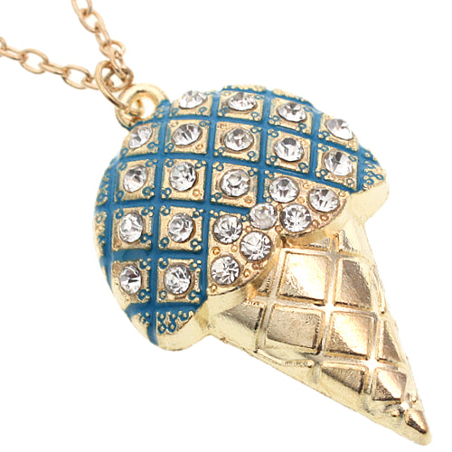 Blue Rhinestone Ice Cream Cone Charm Necklace