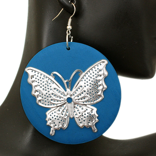 Blue Silver Wooden Butterfly Dangle Earrings