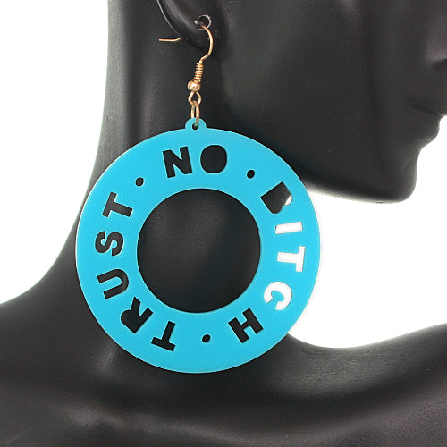 Blue Trust No Bitch Round Cutout Letter Earrings