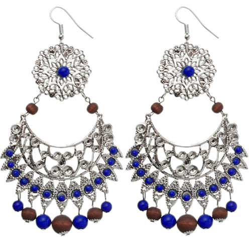 Blue Brown Wooden Beaded Filigree Earrings
