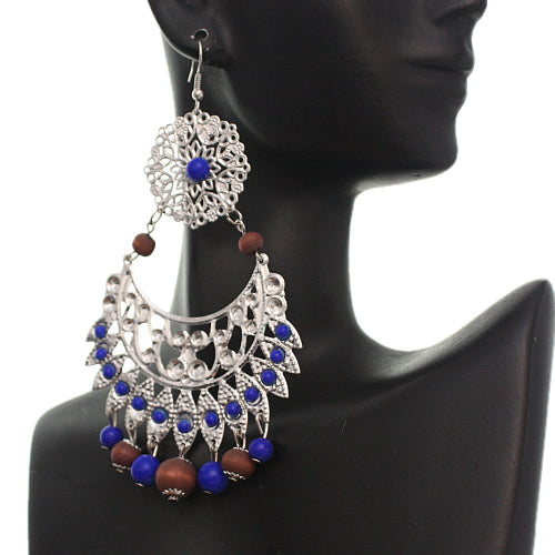Blue Brown Wooden Beaded Filigree Earrings