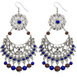 Blue Brown Wooden Beaded Filigree Earrings