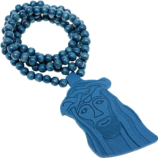 Blue Wooden Beaded Jesus Piece Necklace