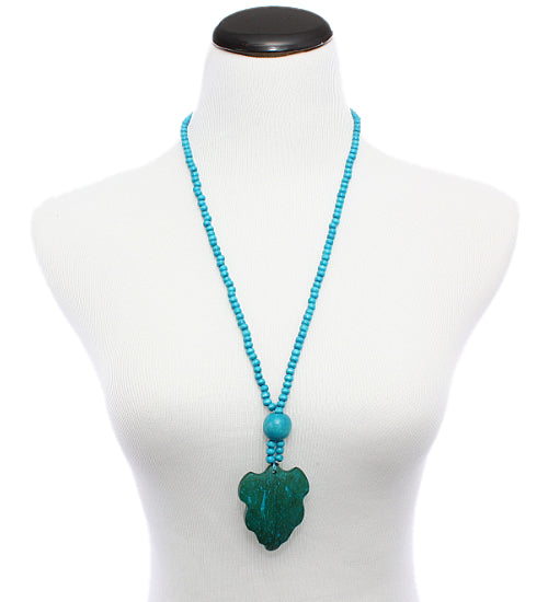 Blue Wooden Beaded Leaf Charm Necklace