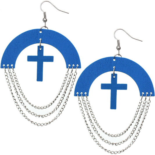 Blue Wooden Chain Link Cross Earrings