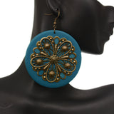 Blue Wooden Round Antique Filigree Earrings
