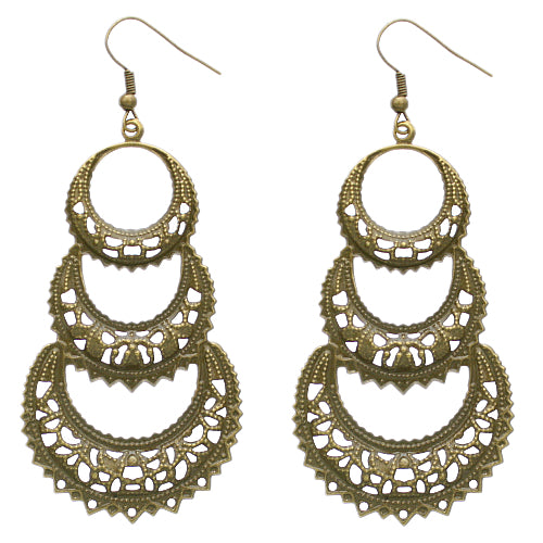 Bronze Crescent Moon Filigree Dangle Earrings