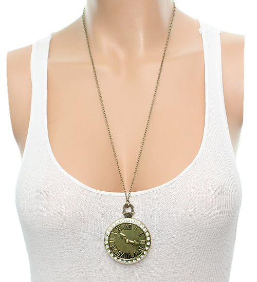 Gold Roman Numeral Chain Clock Charm Necklace
