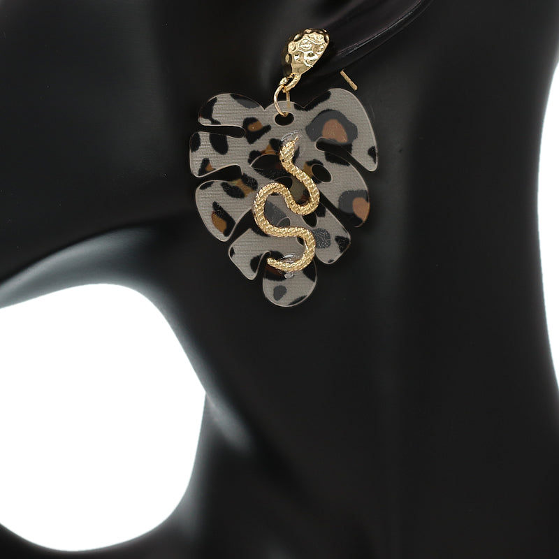 Brown Gold Leaf Shaped Snake Earrings