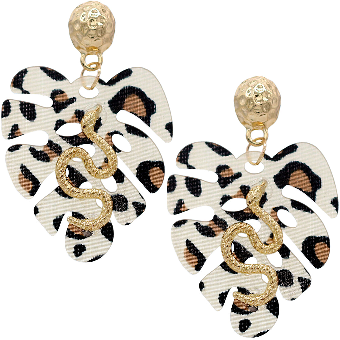 Brown Gold Leaf Shaped Snake Earrings