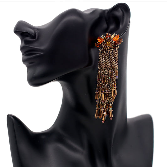 Brown Beaded Drop Chain Elegant Earrings