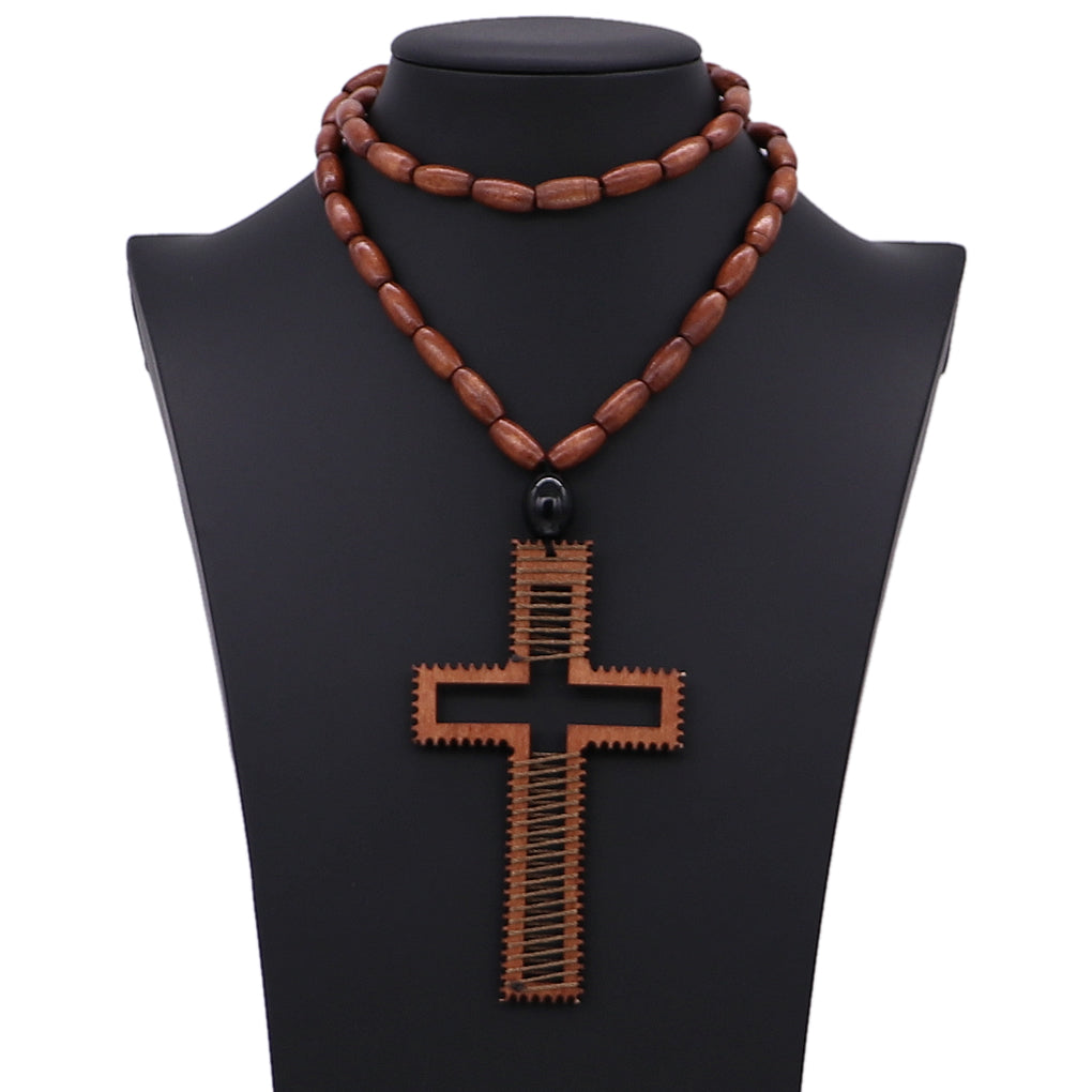 Brown Beaded Woven Cross Necklace