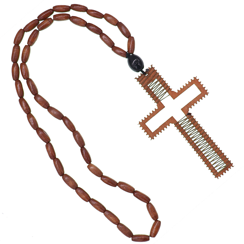 Brown Beaded Woven Cross Necklace
