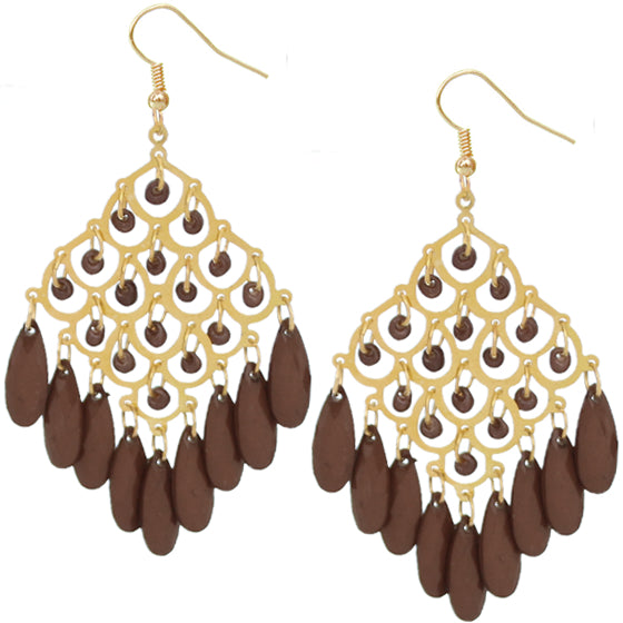 Brown Dangle Bead Chandelier Earrings